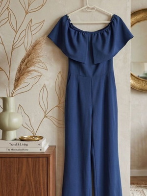 Be You Navy Off-Shoulder Jumpsuit Size S Like New