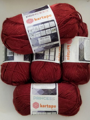 Kartopu Princess yarn new, pack of 5, brick red with gold thread