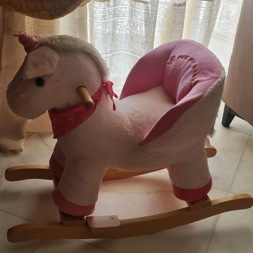 Rock My Baby wooden rocking horse with plush unicorn like new
