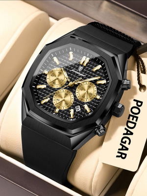 Poedagar men's watch new, waterproof, chronograph, black