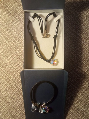 Jewelry set with black straps and transparent pendants in luxury case like new