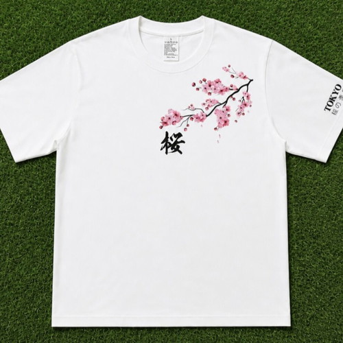 White T-shirt Japanese style Sakura design, size L