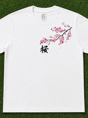 White T-shirt Japanese style Sakura design, size L