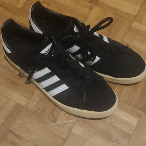 Adidas Campus sneakers used, black with white stripes, size 46.5
