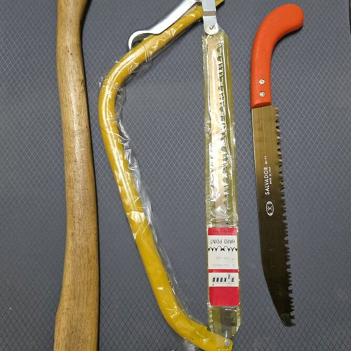 Axe and 2 saws new, 450mm bow saw and 300mm Salvador saw