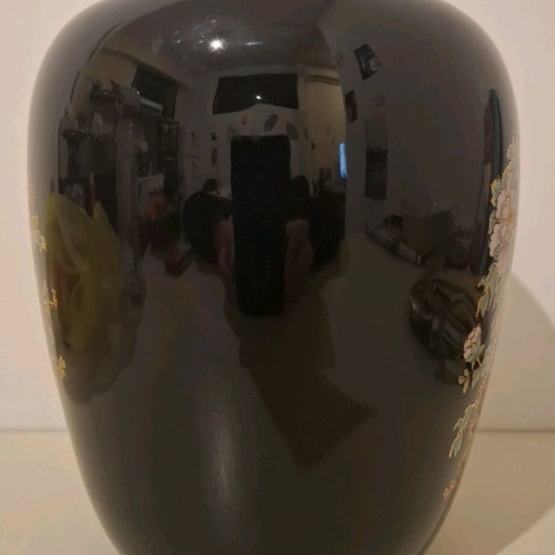 Corfu porcelain vase black with flowers and birds pattern like new