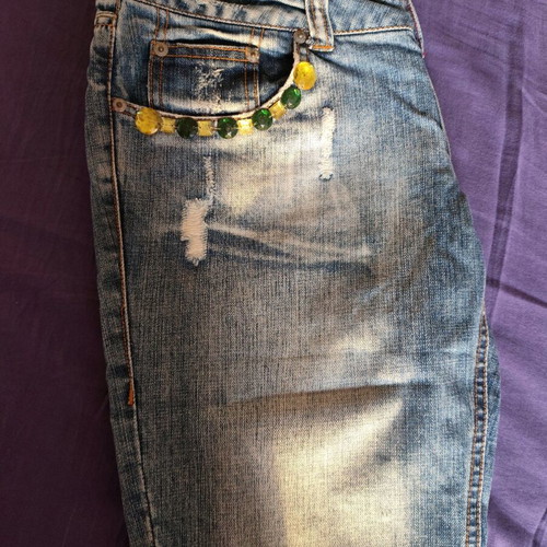 A-Style Capri jeans like new, blue with emerald and yellow stones