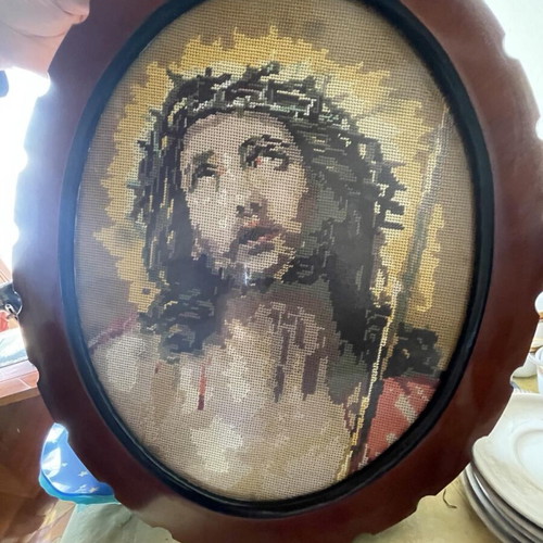 Vintage Jesus Christ embroidery in oval wooden frame like new
