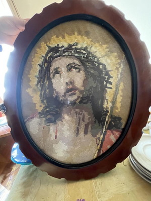 Vintage Jesus Christ embroidery in oval wooden frame like new