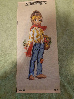 Canvas for embroidery retro boy with basket 25x60