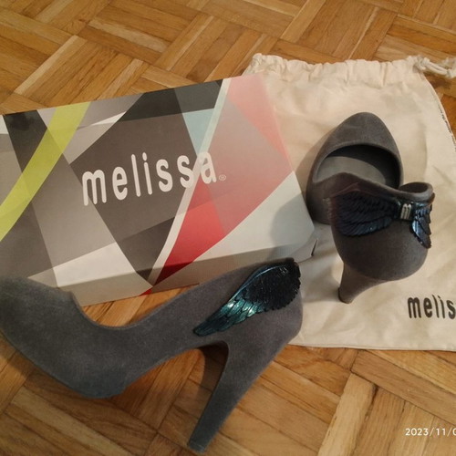 Melissa Grey Suede Pumps Size 40 Like New with Metallic Wings