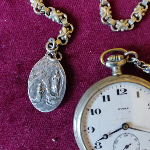 Cyma silver-plated pocket watch with silver-plated chain and religious medal used