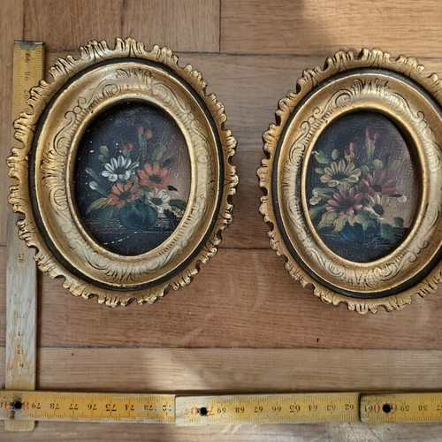 Pair of small oval paintings with embossed gold frames, like new