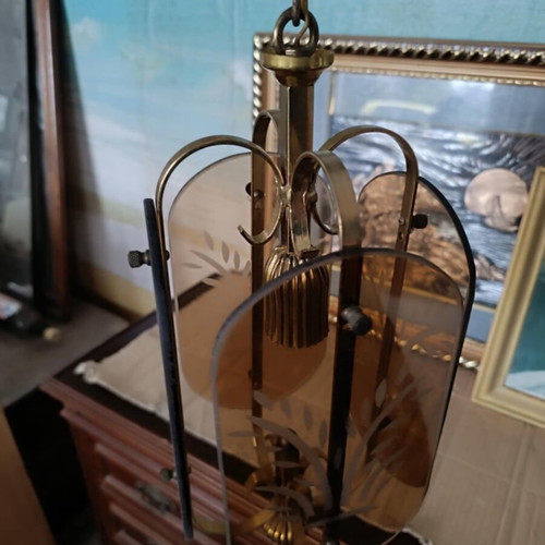 Vintage ceiling light with brass frame and patterned glass