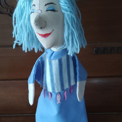 Handmade doll for collectors or puppet theatre on wooden base