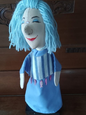 Handmade doll for collectors or puppet theatre on wooden base