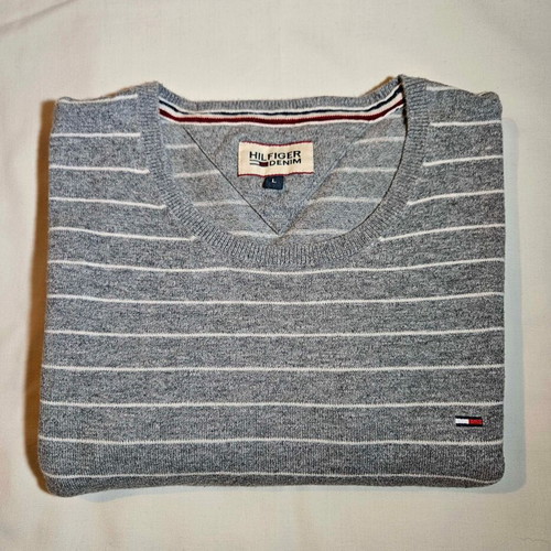 Hilfiger Denim men's grey striped sweater size L like new