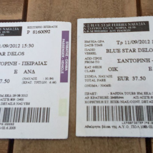 Blue Star Delos ferry tickets pack of 2 Santorini Piraeus 2012 souvenirs