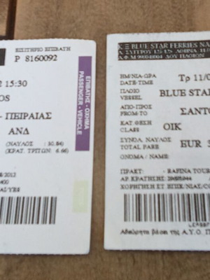 Blue Star Delos ferry tickets pack of 2 Santorini Piraeus 2012 souvenirs