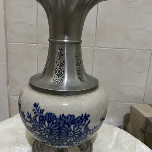 Vintage porcelain and pewter vase like new