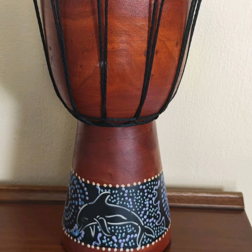 Djembe drum with dolphin dot art design, 30cm
