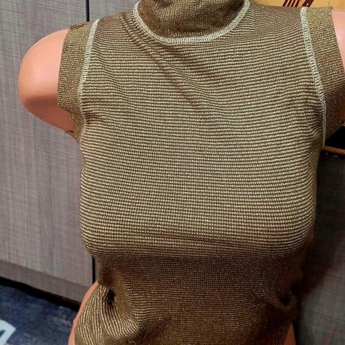 Sleeveless polo knit lamé like new, brown and gold, size S