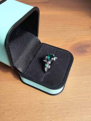 14K White Gold Engagement Ring with Emerald and Moissanite