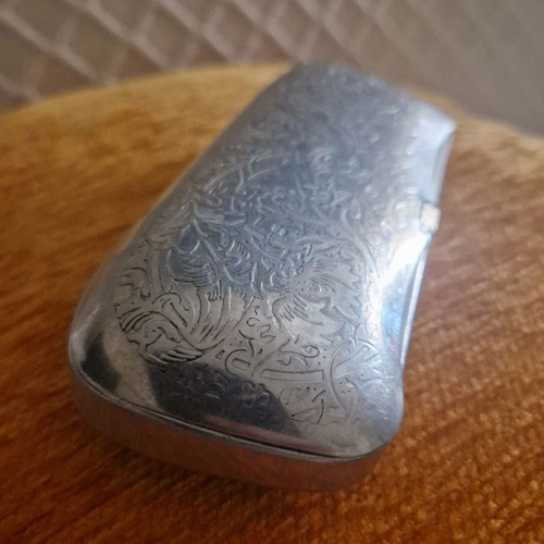 Vintage metal glasses case with embossed floral design, silver, used