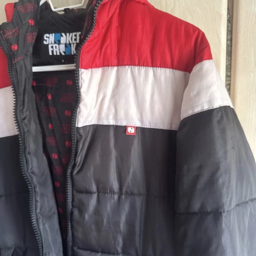 Windbreaker jacket used, black with red and white stripes, hooded