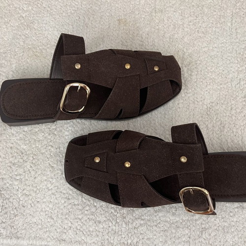 Fisherman brown flat sandals new, eco suede, gold buckle