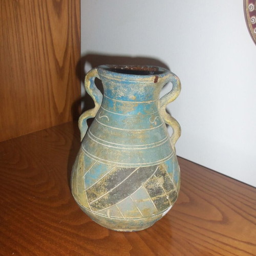 Ceramic decorative vase handmade water jug used, colorful geometric motifs
