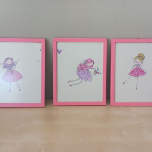 Children's frames set with handmade fairy illustrations used, pink frames