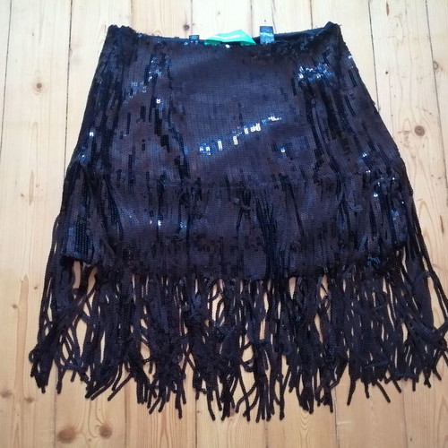 Something New women's black sequin skirt with fringes, XS-S