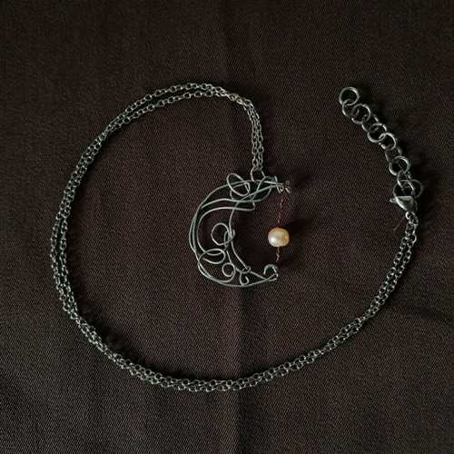 Moon pendant with pearl new, silver handmade