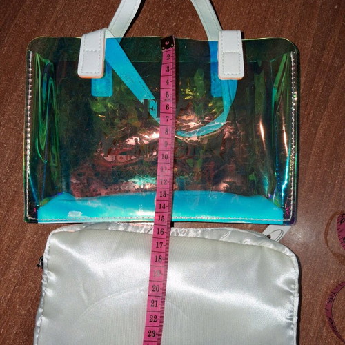 Transparent handbag with iridescent shades and removable inner pouch new