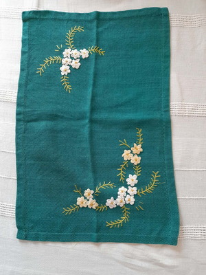 Embroidered handmade table linen in dark green like new