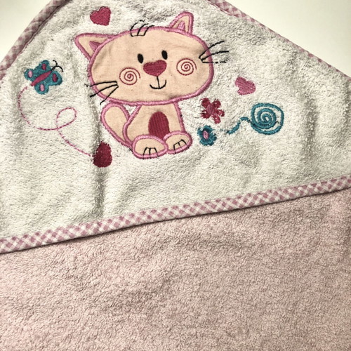 Baby bath towel with hood and cat embroidery like new, 0-6+ months