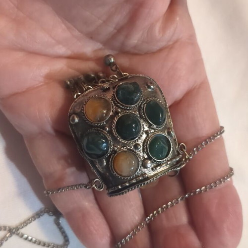 Ethnic necklace with semi-precious stones, like new vintage perfume box locket