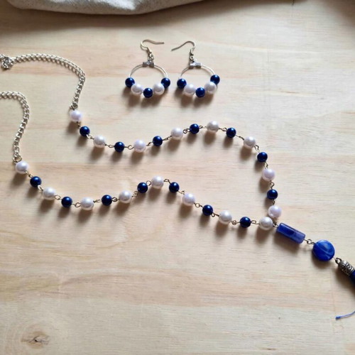 Royal Blue and White Necklace and Earrings Set new