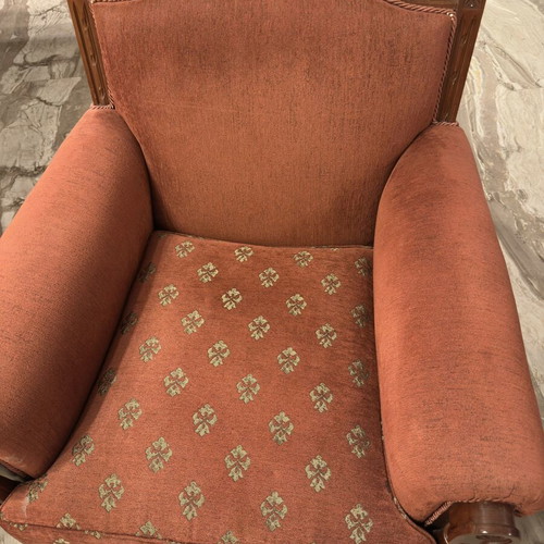Classic armchairs set of 2 used, wooden frame, terracotta upholstery