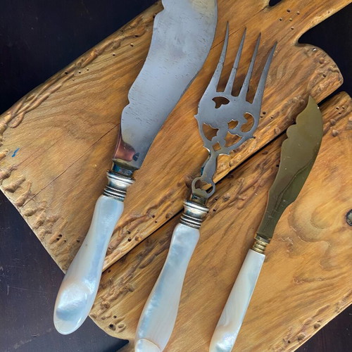 Antique Victorian Mother of Pearl Fish Serving Set used, 3 pieces