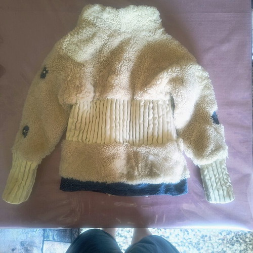 Children's mouton fur jacket new, leather and denim, ages 2 to 4, beige