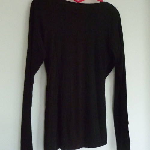 Black stretch long sleeve shirt with front wrap, size 36