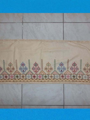 Folk Art Handmade Embroidered Fabric with Geometric Patterns used, 1m x 36cm