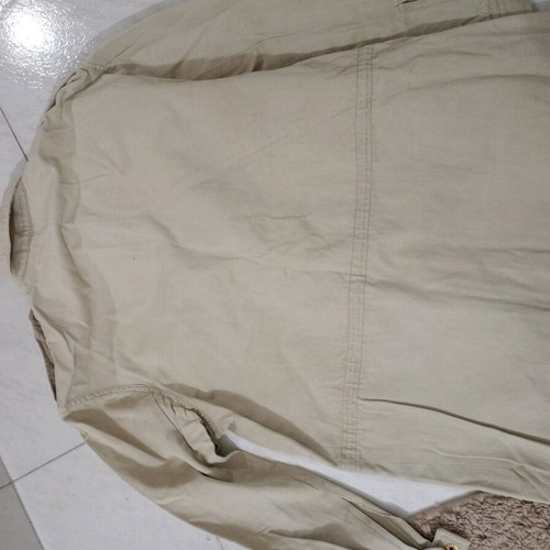 Work jacket used, creme denim-type jacket with gold buttons, size L