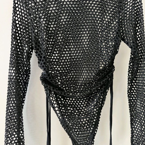 Fishnet bodysuit new, black, long-sleeve with adjustable laces