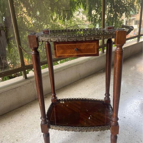 Marquetry coffee table used, solid wood, bronze and glass, 1970