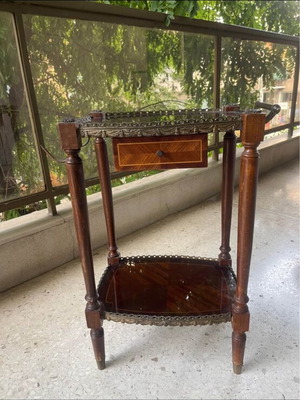 Marquetry coffee table used, solid wood, bronze and glass, 1970