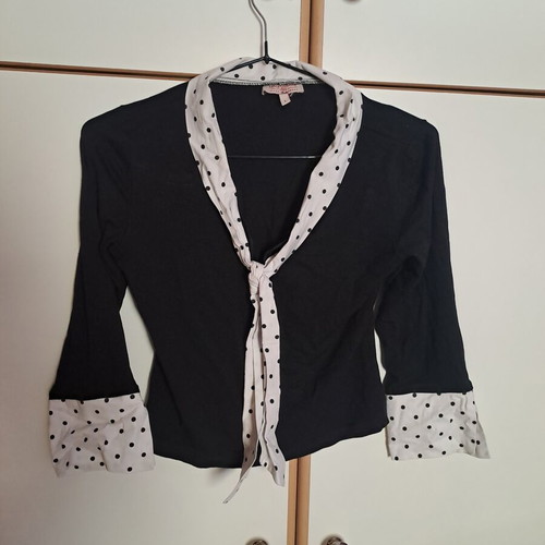 Polka dot top with built-in tie, black and white, size L