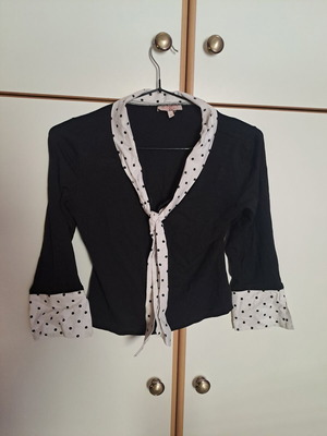 Polka dot top with built-in tie, black and white, size L